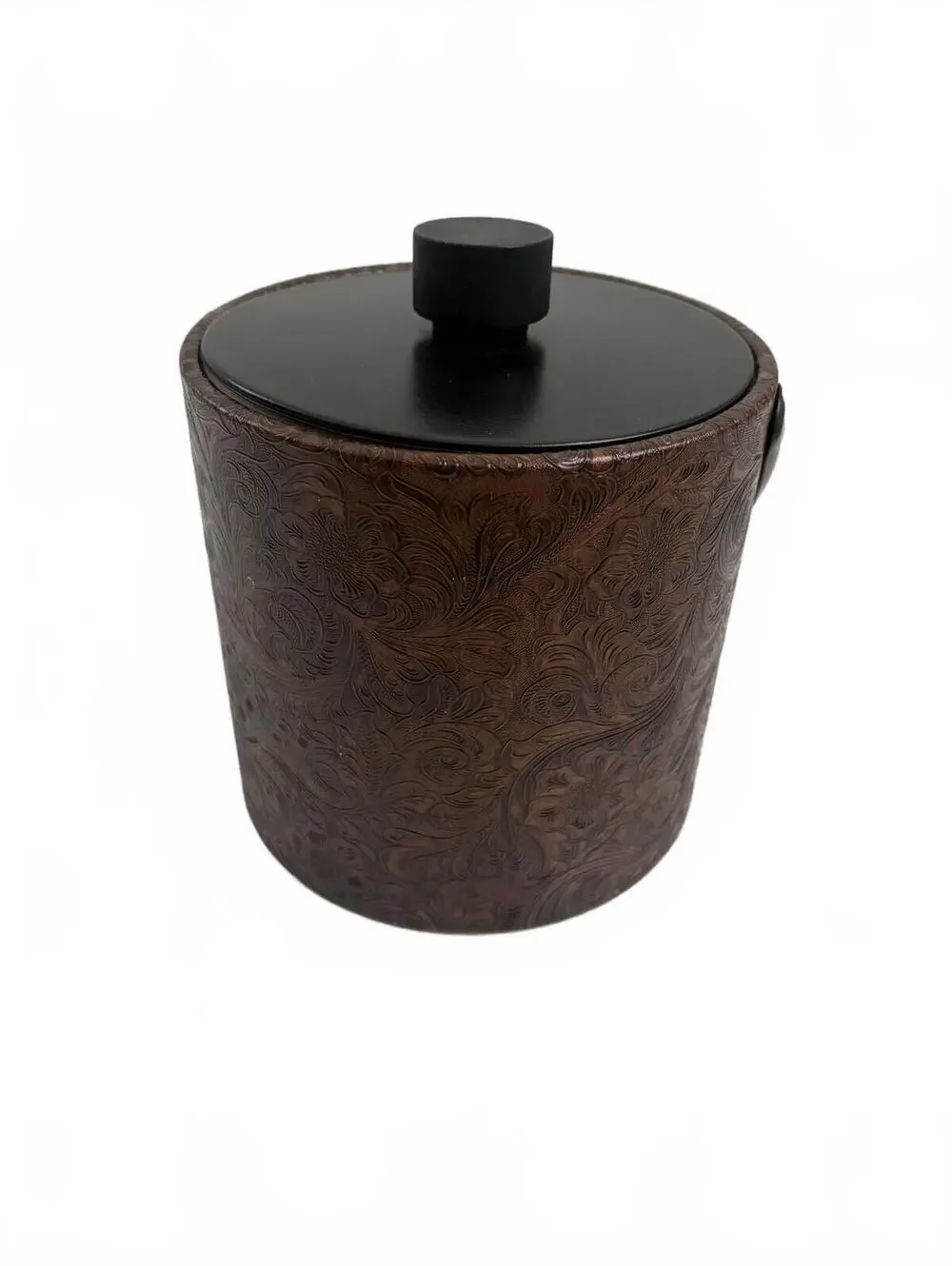 Irvinware | MCM Vintage Ice Bucket Brown Black Faux Leather Floral Embossed Lid